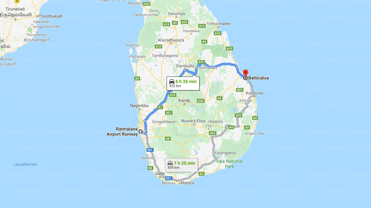 Ratmalana Airport (RML) to Batticaloa City Private Transfer