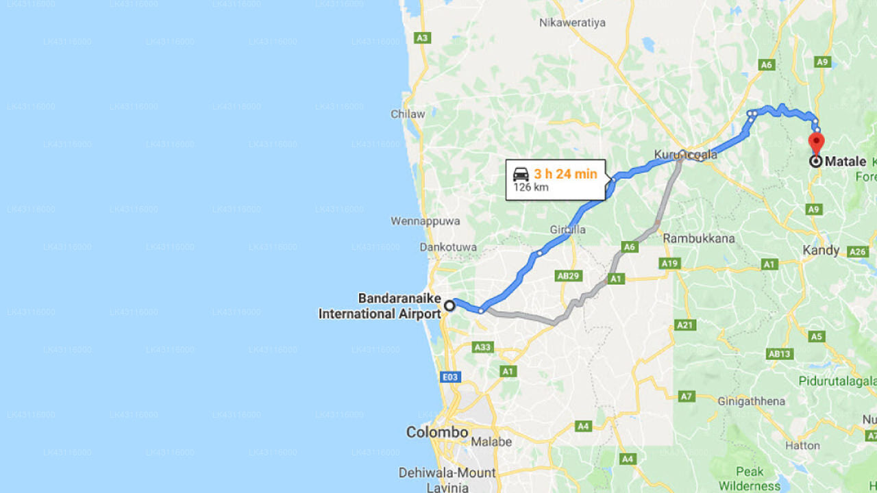 コロンボ空港 (CMB) とマータレのサナスマ ホリデイ リゾート間の送迎