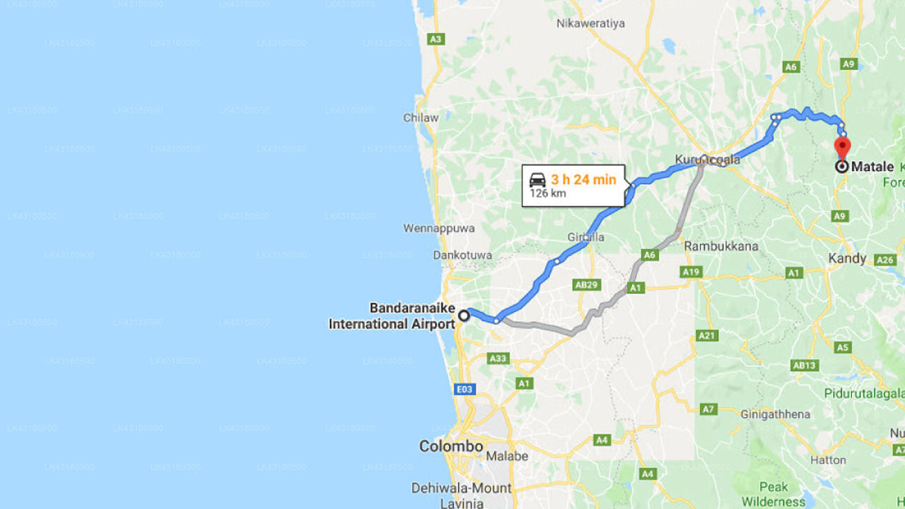 コロンボ空港 (CMB) とマータレのクダオヤ ヴィラ間の送迎