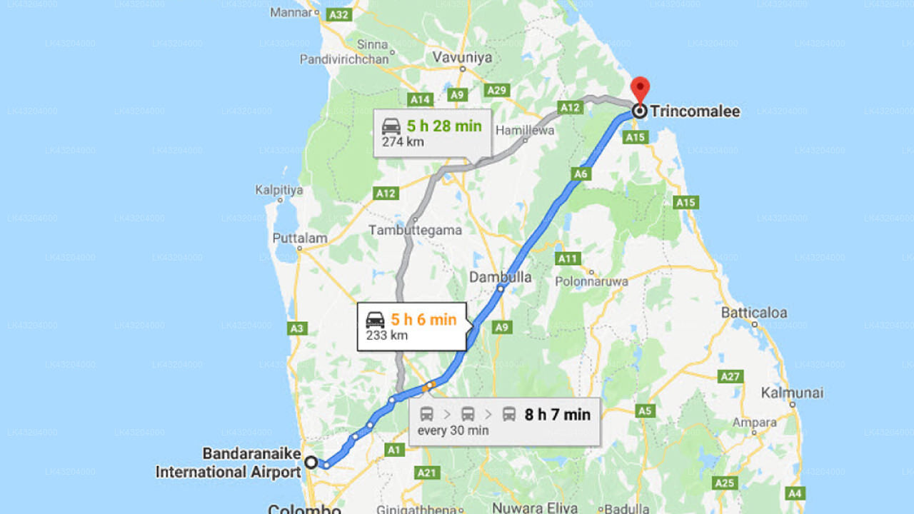 コロンボ空港 (CMB) とトリンコマリーのアナンタマー ホテル間の送迎