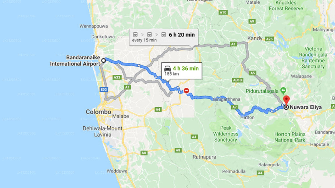 コロンボ空港 (CMB) とヌワラエリヤのホートン タワーズおよびコテージ間の送迎